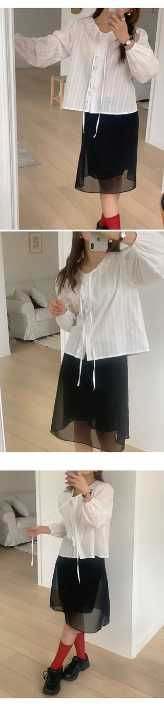 Hetren Frill Collar Neck Button Ribbon String Blouse