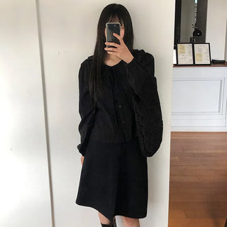 Hetren Frill Collar Neck Button Ribbon String Blouse