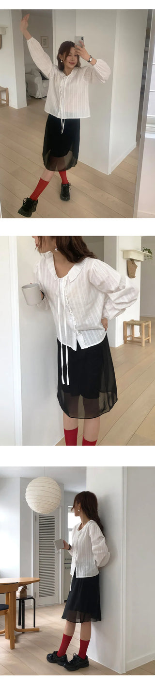 Hetren Frill Collar Neck Button Ribbon String Blouse