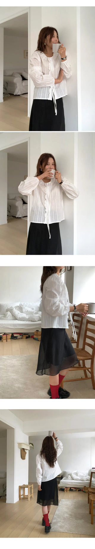 Hetren Frill Collar Neck Button Ribbon String Blouse