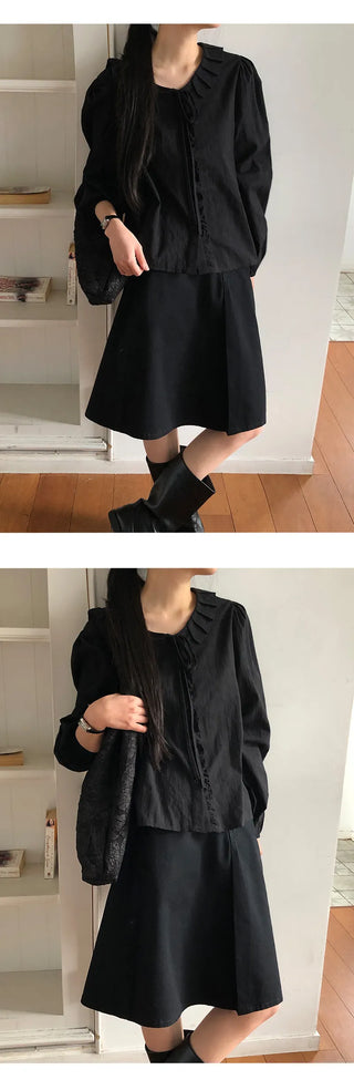 Hetren Frill Collar Neck Button Ribbon String Blouse