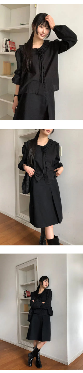 Hetren Frill Collar Neck Button Ribbon String Blouse