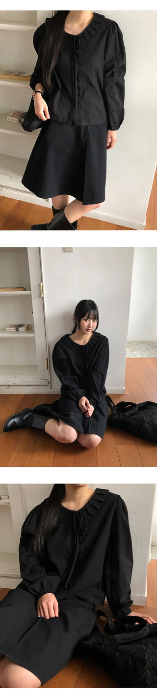 Hetren Frill Collar Neck Button Ribbon String Blouse