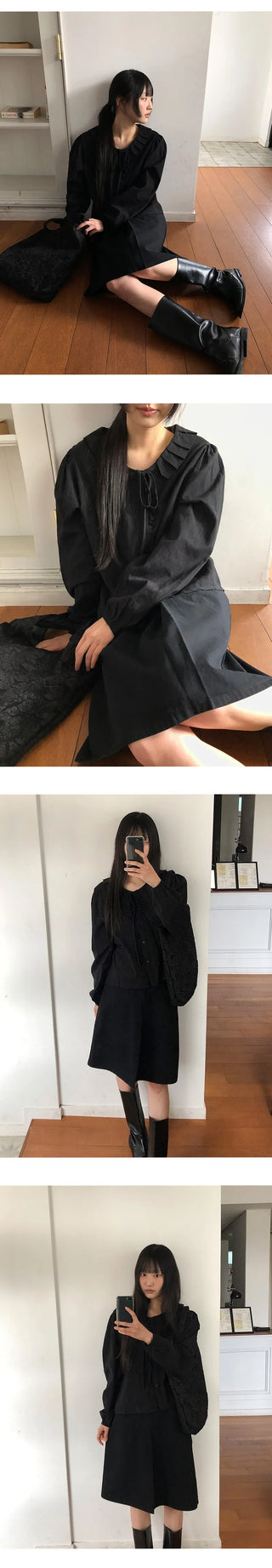 Hetren Frill Collar Neck Button Ribbon String Blouse