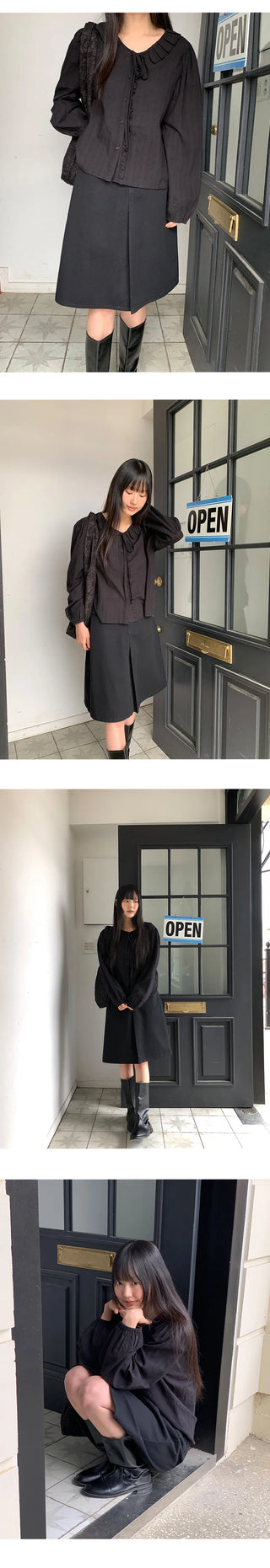Hetren Frill Collar Neck Button Ribbon String Blouse