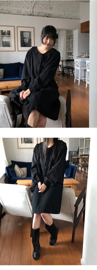 Hetren Frill Collar Neck Button Ribbon String Blouse