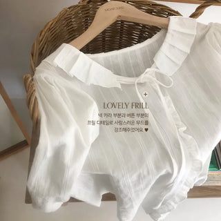 Hetren Frill Collar Neck Button Ribbon String Blouse