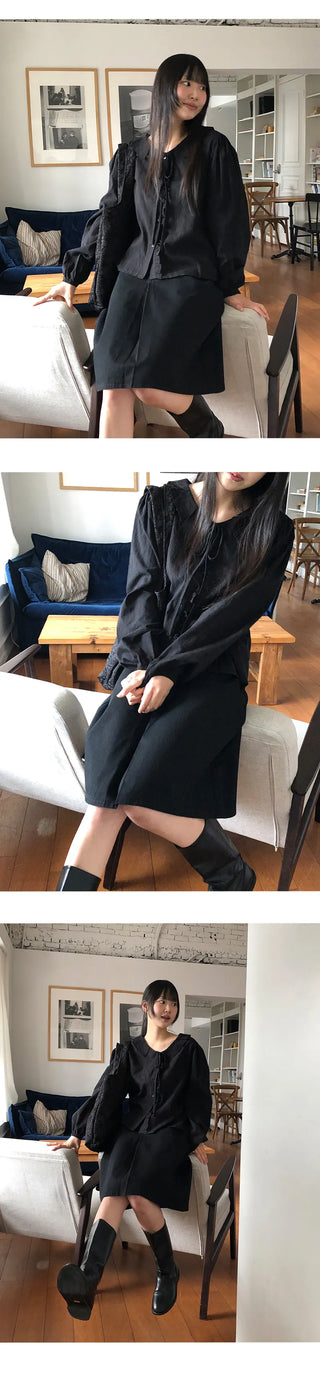 Hetren Frill Collar Neck Button Ribbon String Blouse