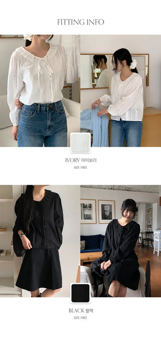 Hetren Frill Collar Neck Button Ribbon String Blouse