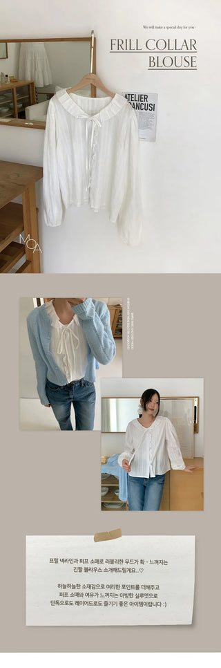 Hetren Frill Collar Neck Button Ribbon String Blouse