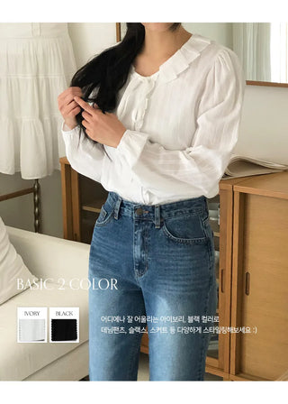 Hetren Frill Collar Neck Button Ribbon String Blouse