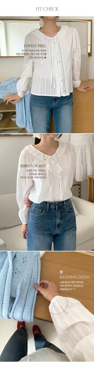 Hetren Frill Collar Neck Button Ribbon String Blouse