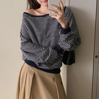 Rokven Loose Fit Striped One Shoulder Sweatshirt