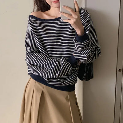 Rokven Loose Fit Striped One Shoulder Sweatshirt