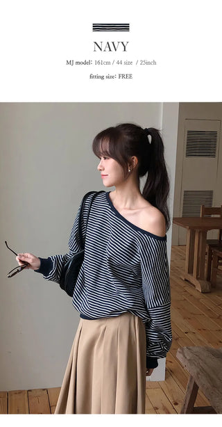 Rokven Loose Fit Striped One Shoulder Sweatshirt
