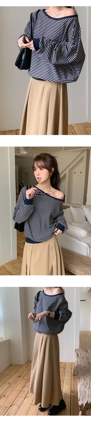 Rokven Loose Fit Striped One Shoulder Sweatshirt