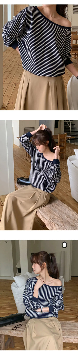 Rokven Loose Fit Striped One Shoulder Sweatshirt