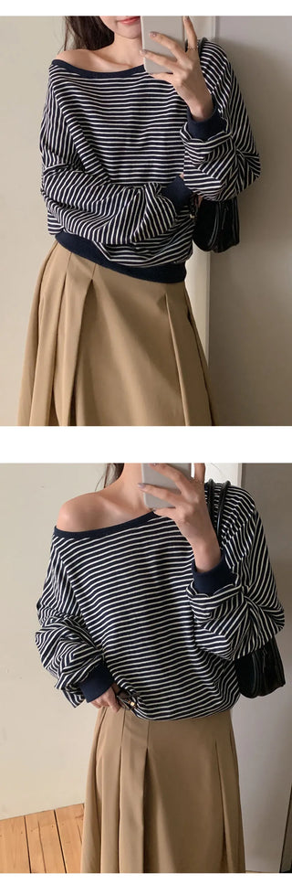 Rokven Loose Fit Striped One Shoulder Sweatshirt