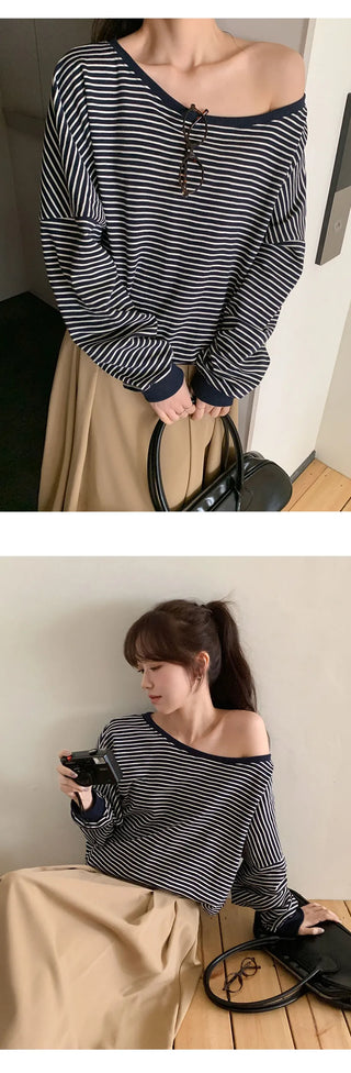 Rokven Loose Fit Striped One Shoulder Sweatshirt