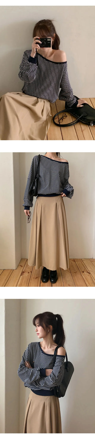 Rokven Loose Fit Striped One Shoulder Sweatshirt