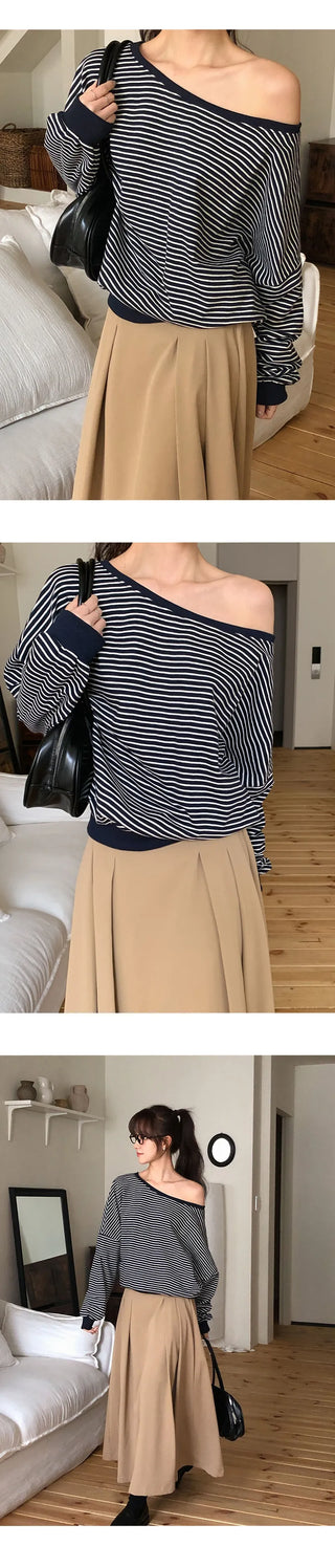 Rokven Loose Fit Striped One Shoulder Sweatshirt