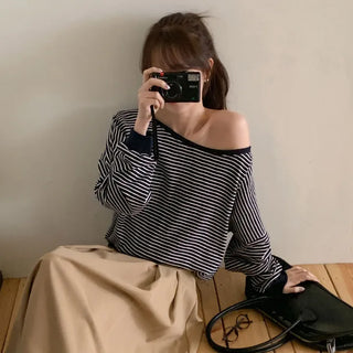 Rokven Loose Fit Striped One Shoulder Sweatshirt
