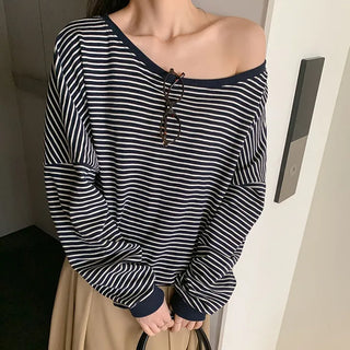 Rokven Loose Fit Striped One Shoulder Sweatshirt
