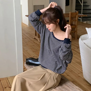 Rokven Loose Fit Striped One Shoulder Sweatshirt