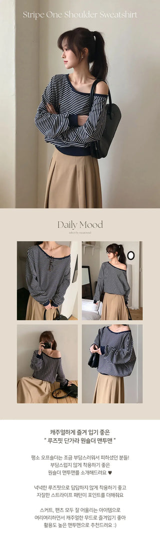 Rokven Loose Fit Striped One Shoulder Sweatshirt