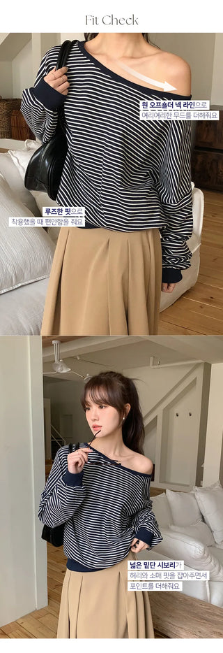 Rokven Loose Fit Striped One Shoulder Sweatshirt