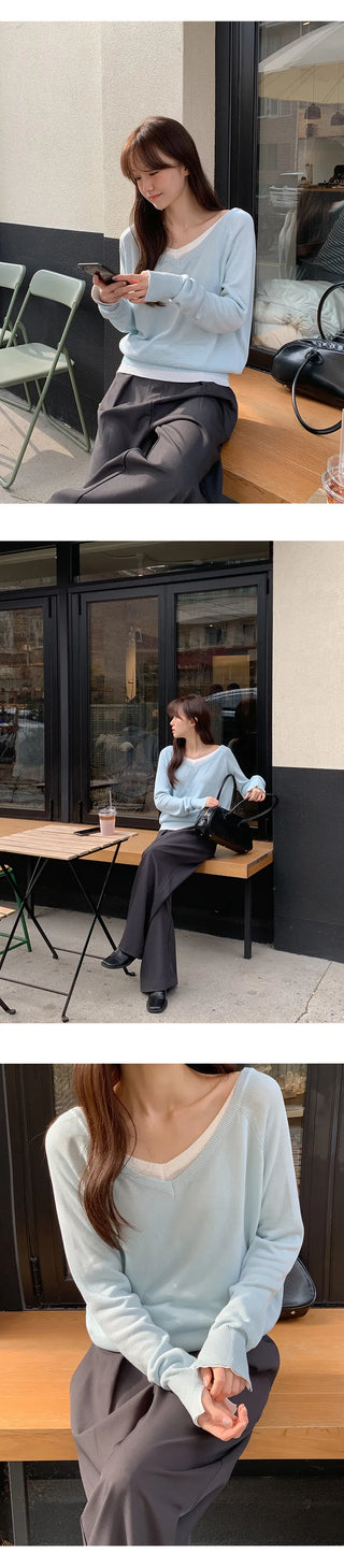 Hardain Double V neck See through Raglan Knit