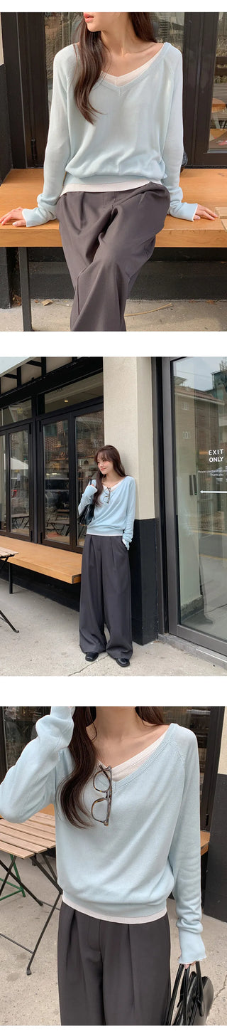 Hardain Double V neck See through Raglan Knit