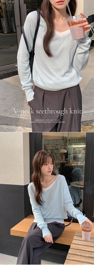 Hardain Double V neck See through Raglan Knit
