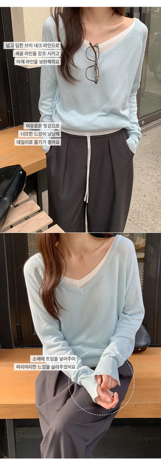 Hardain Double V neck See through Raglan Knit