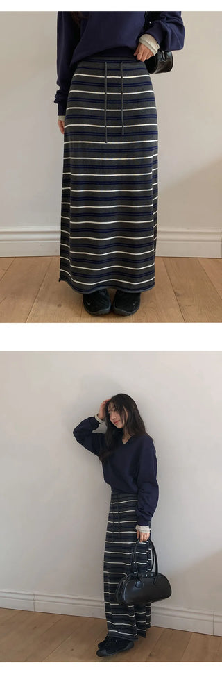 Beot Banded Striped Knit Maxi Long Skirt