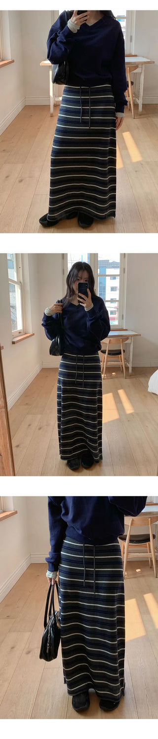 Beot Banded Striped Knit Maxi Long Skirt