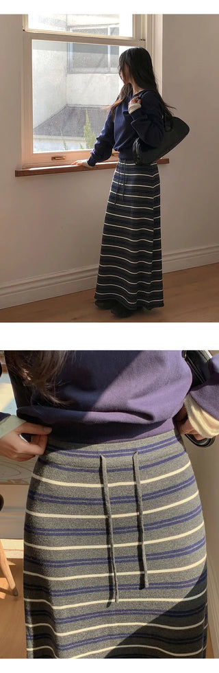 Beot Banded Striped Knit Maxi Long Skirt