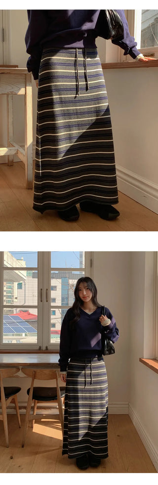 Beot Banded Striped Knit Maxi Long Skirt