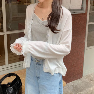 Hazren Frill See through V Neck Long Sleeve Cardigan