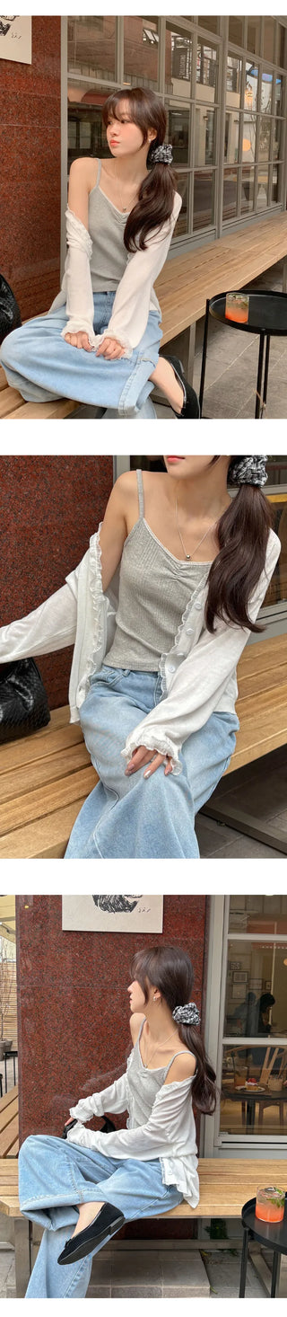 Hazren Frill See through V Neck Long Sleeve Cardigan