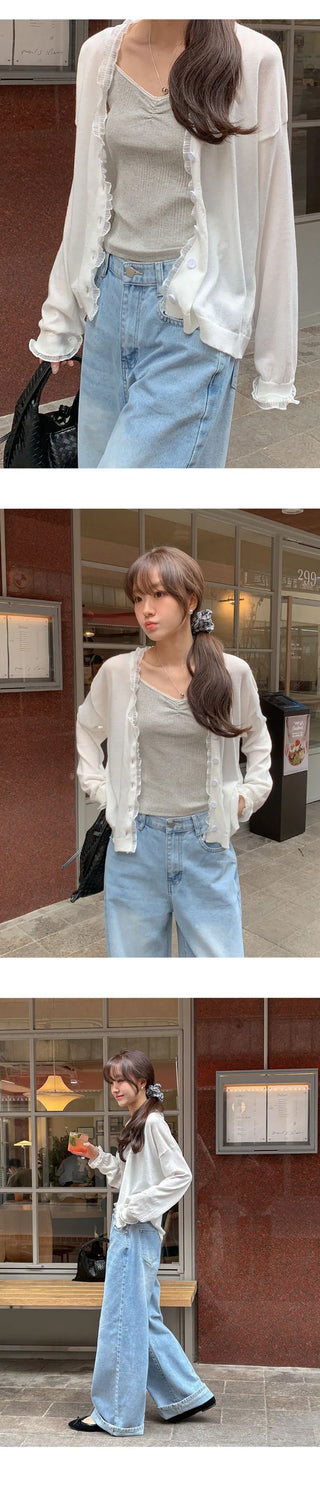 Hazren Frill See through V Neck Long Sleeve Cardigan