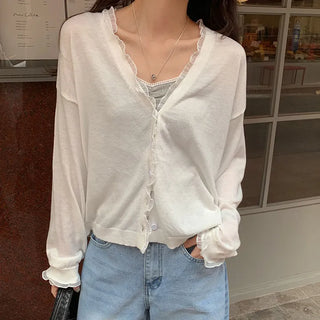 Hazren Frill See through V Neck Long Sleeve Cardigan