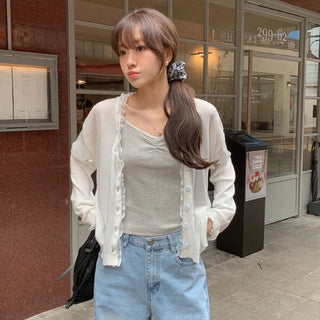 Hazren Frill See through V Neck Long Sleeve Cardigan