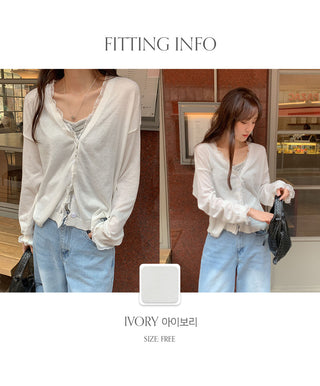 Hazren Frill See through V Neck Long Sleeve Cardigan