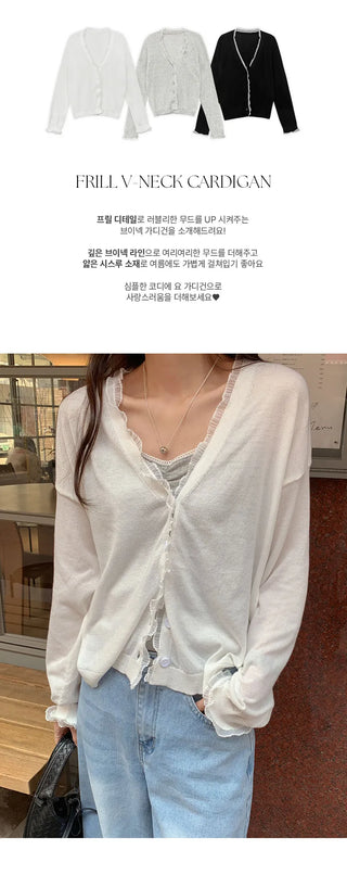 Hazren Frill See through V Neck Long Sleeve Cardigan