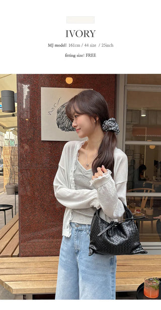 Hazren Frill See through V Neck Long Sleeve Cardigan