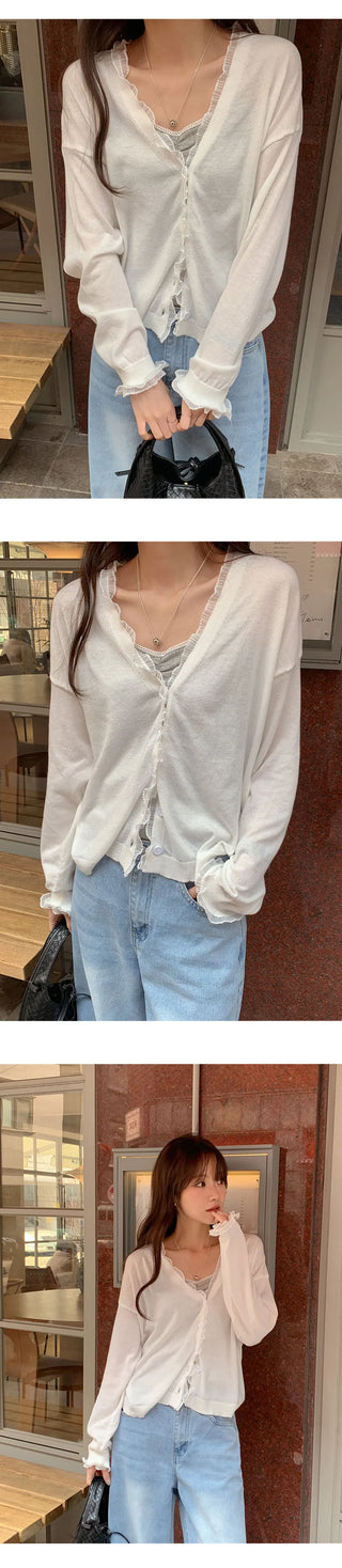 Hazren Frill See through V Neck Long Sleeve Cardigan