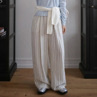 Soyden Linen Stripe Elastic Waist Wide Pants
