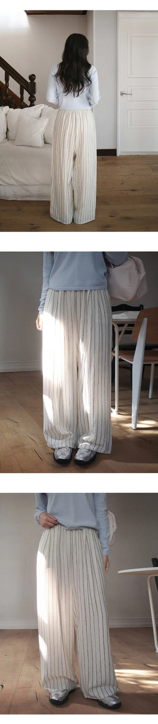 Soyden Linen Stripe Elastic Waist Wide Pants