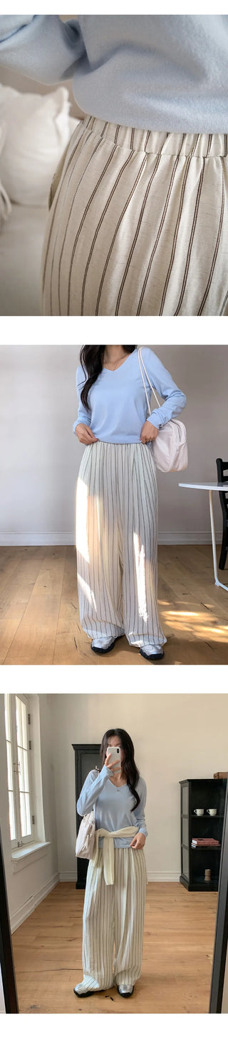 Soyden Linen Stripe Elastic Waist Wide Pants